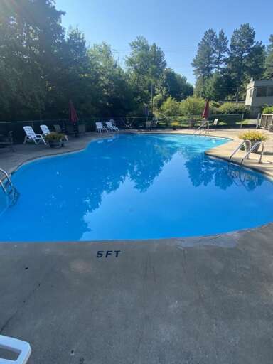 Outdoor Swimming Pool With Deck Chairs And Trees In The Background