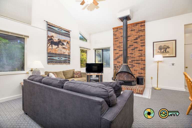 Living Room With Sofa, Fireplace, And Television