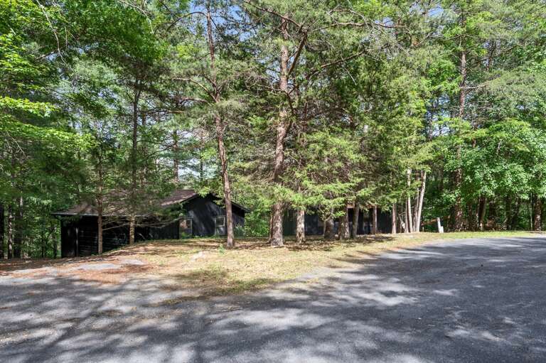 Secluded Structure Shaded By Tall Trees Near Paved Path