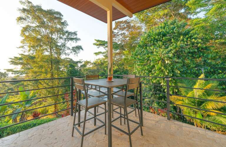 Balcony View With Vibrant Vegetation Visible, Table Set For Two