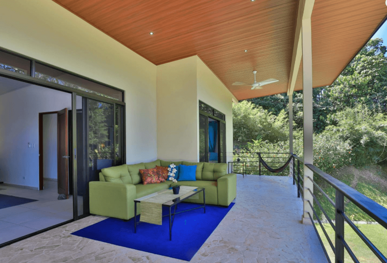 Modern Patio With Green Sofa And Hammock Overlooking Nature