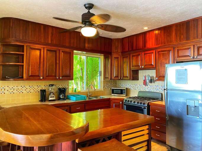 Residential Kitchen Interior With Wooden Cabinets And Modern Appliances