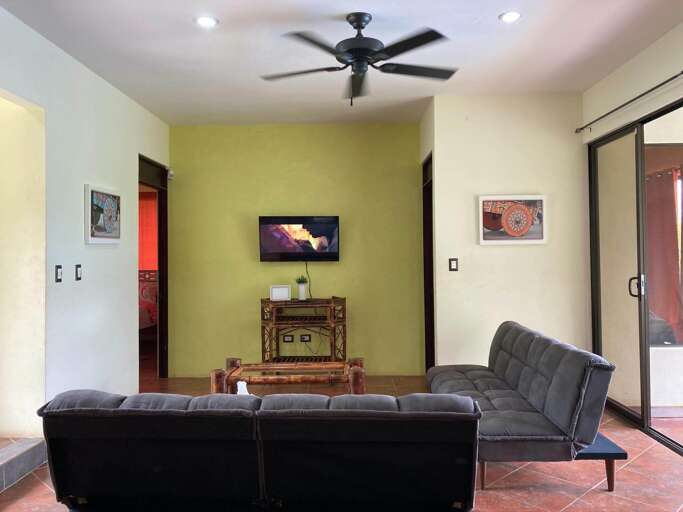 Living Room With Sofa, Chair, TV, And Ceiling Fan