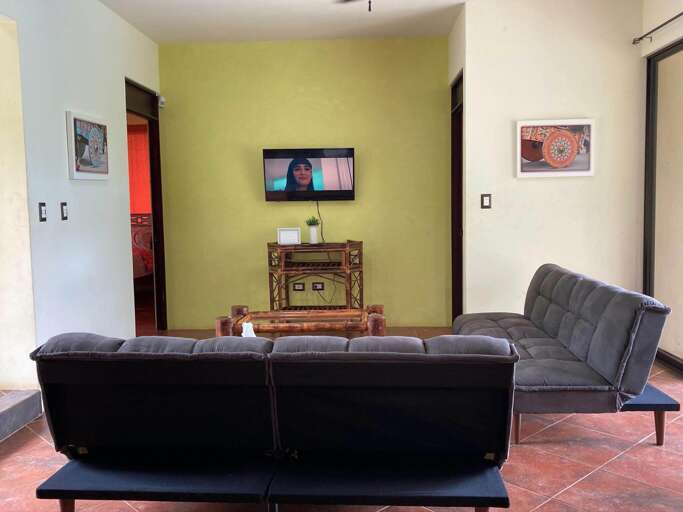 Living Room With Green Walls, Leather Sofa, And A Mounted Television