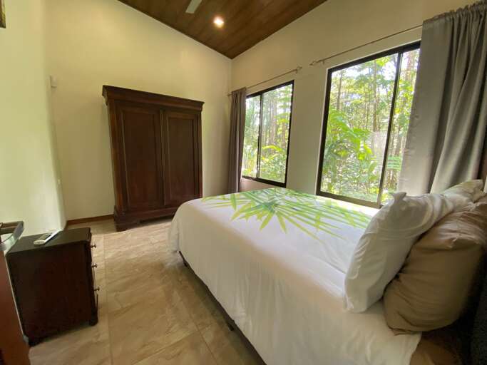Modern Room With Bed, Large Windows, And Wooden Furnishings Modern Room With Bed, Large Windows, And Wooden Furnishings