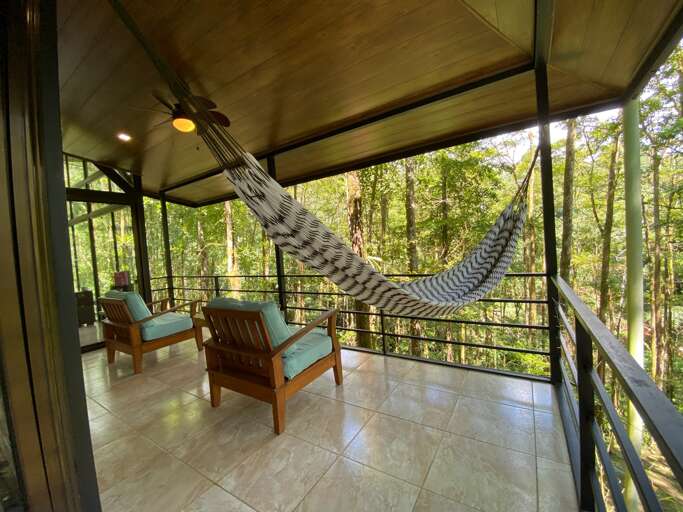 Balcony With Hammock And Chairs, Forest View Balcony With Hammock And Chairs, Forest View