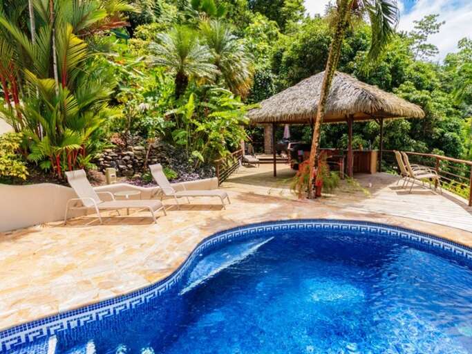 Tropical Resort Swimming Pool With Lounge Chairs And Thatched-roof Structure Tropical Resort Swimming Pool With Lounge Chairs And Thatched-roof Structure