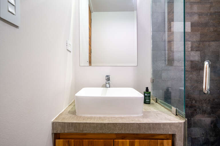 Modern Bathroom Interior With Rectangular Sink And Shower