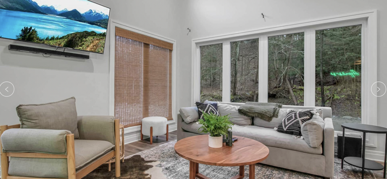 Modern Living Room With Large Windows And Forest View