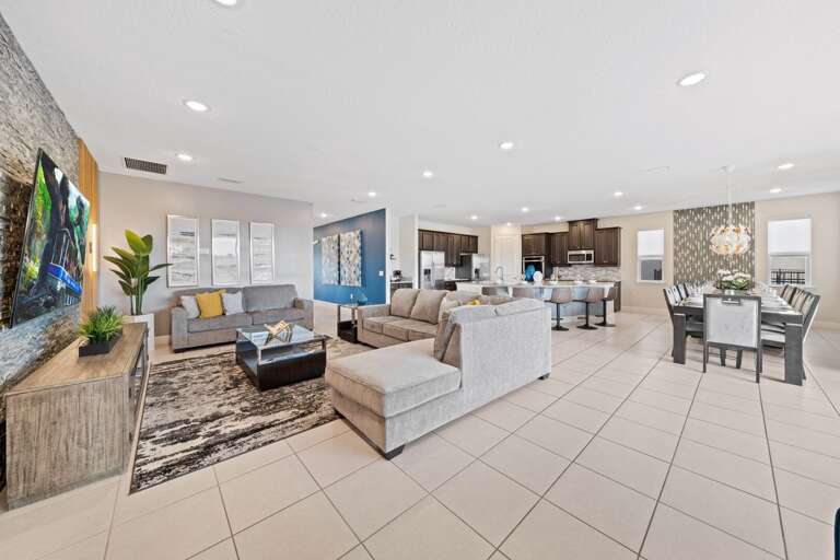 Living, kitchen, and dining area