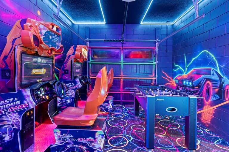 Themed game room with arcades and foosball