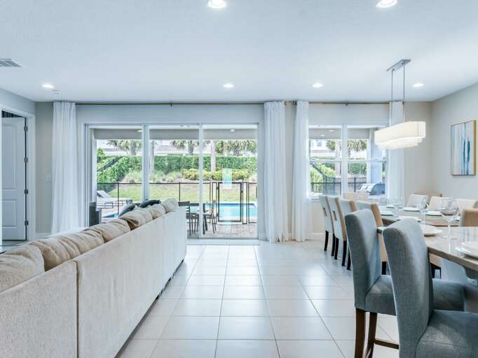 Living, dining, and kitchen area