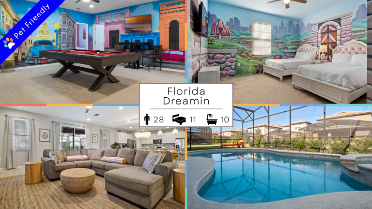 - Game room with colorful mural walls and a pool table  
- Entertainment space with smart TV and seating  
- Vacation rental in Florida with family fun setup