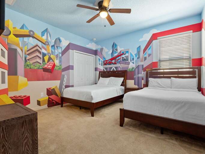 Lego world themed bedroom with dual Full beds
