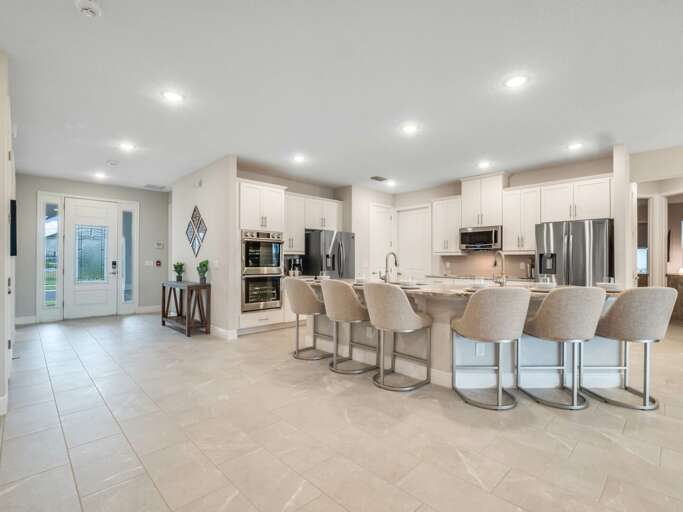 Kitchen area with stainless steel appliances and spacious island