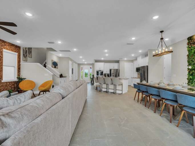 Living, dining, and kitchen area