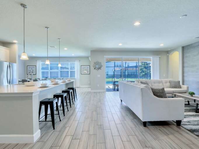 Living, kitchen, and dining area