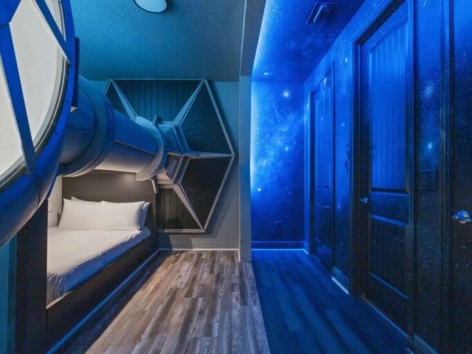 Galactic ship themed bedroom with dual Full beds