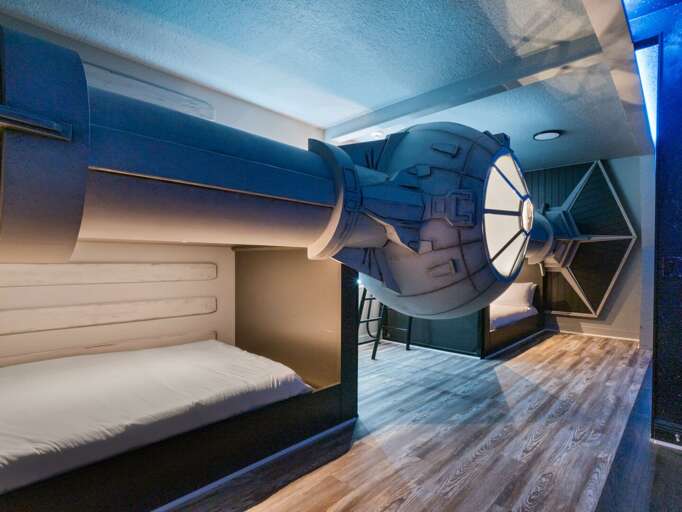 Galactic ship themed bedroom with dual Full beds