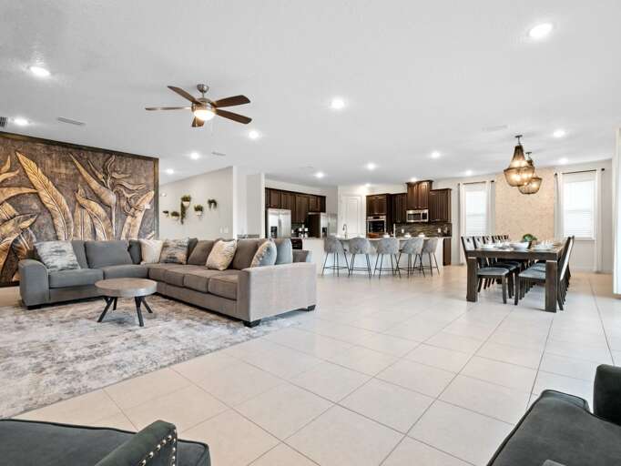 Living, kitchen, and dining area