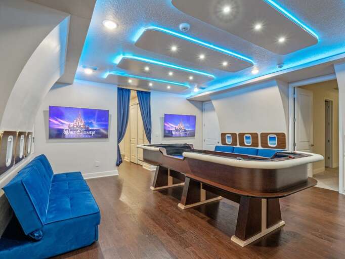Private Jet themed game room with craps table