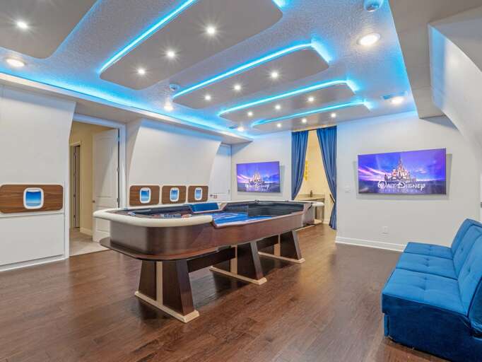 Private Jet themed game room with craps table