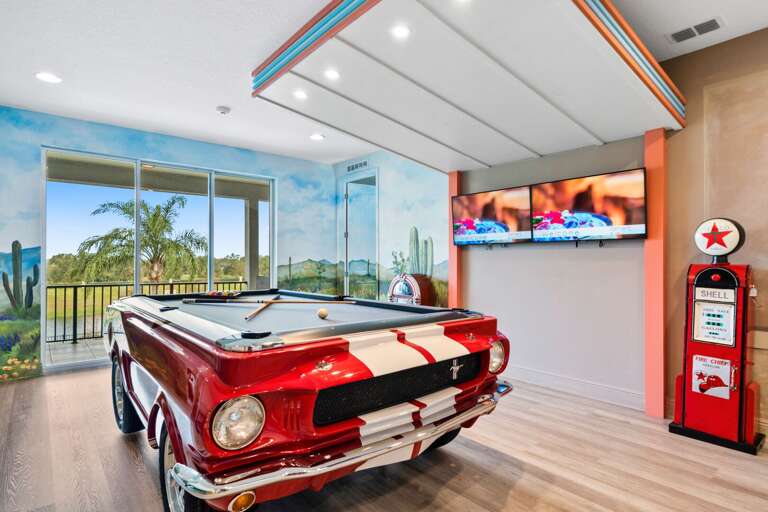 Route 66 themed game room w/ Mustang Pool Table