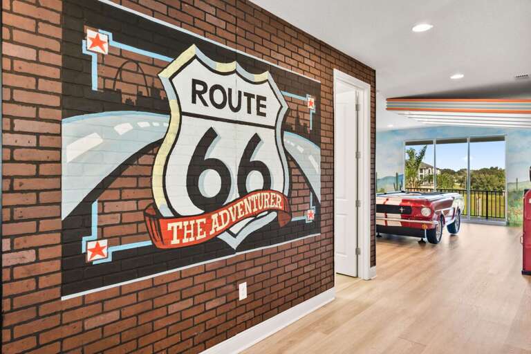 Route 66 themed game room w/ Mustang Pool Table