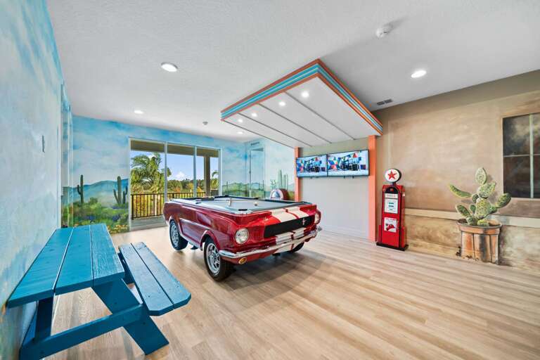 Route 66 themed game room w/ Mustang Pool Table