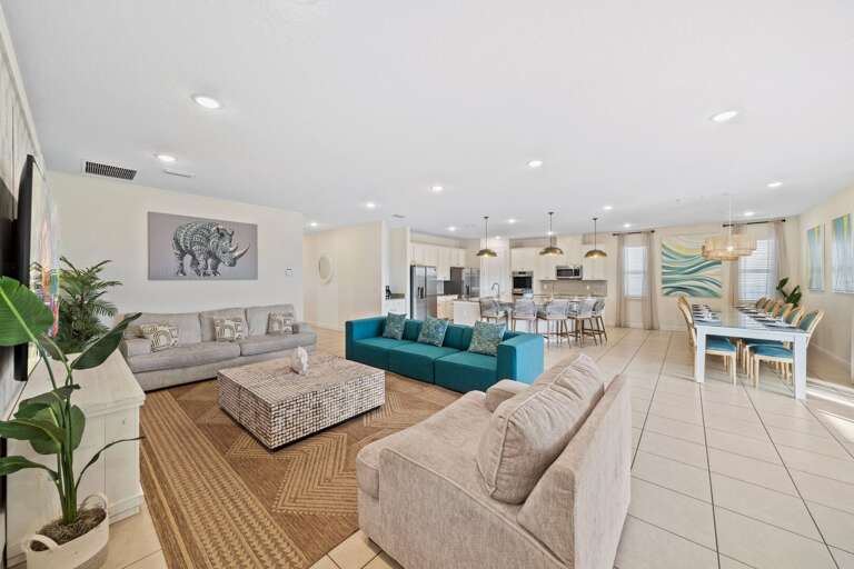 Living, kitchen, and dining area