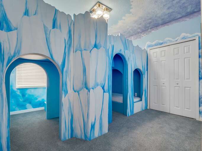 Frozen Castle themed bedrooms with Twin over Twin bunk + Twin beds