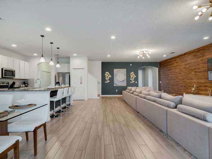 Living, kitchen, and dining area