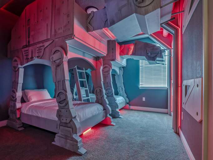 Star Wars themed bedroom with dual Twin over Twin bunk beds