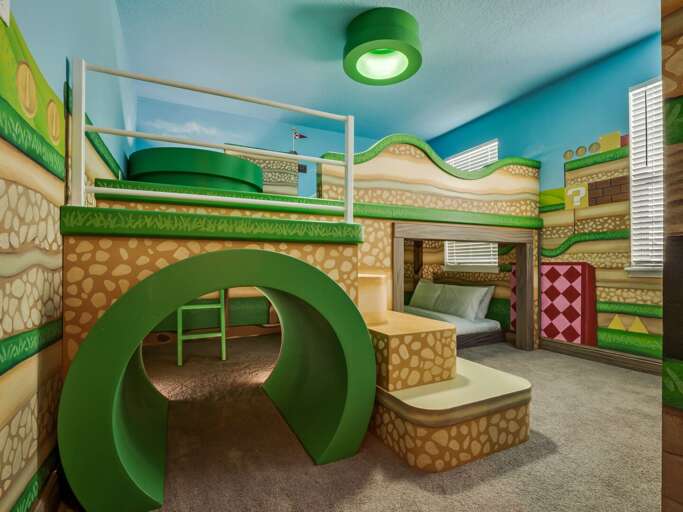 Super Mario themed bedroom with Queen over Queen bunk beds