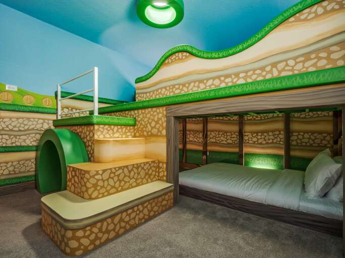 Super Mario themed bedroom with Queen over Queen bunk beds