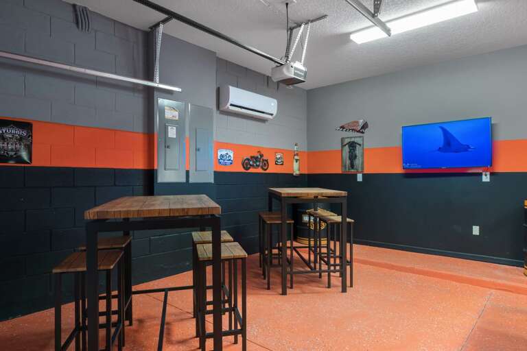 Garage converted to game room with pool table and foosball Garage converted to game room with pool table and foosball