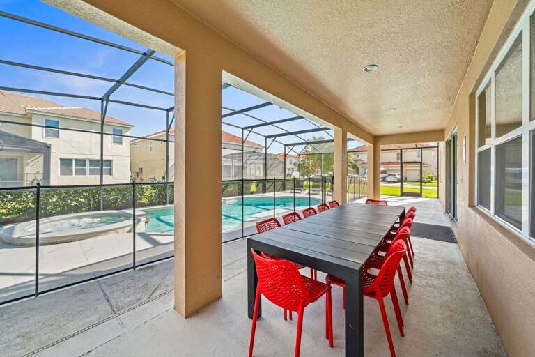 - Private screened pool with hot tub for relaxing sunny days  
- Family-friendly Orlando vacation rental with outdoor seating  
- Refreshing poolside escape for groups and family gatherings - Private screened pool with hot tub for relaxing sunny days  
- Family-friendly Orlando vacation rental with outdoor seating  
- Refreshing poolside escape for groups and family gatherings