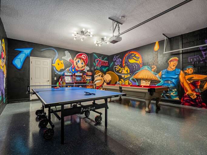 Classic Arcade themed game room with pool table, ping-pong table, and arcades