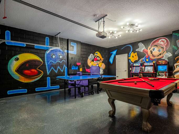 Classic Arcade themed game room with pool table, ping-pong table, and arcades