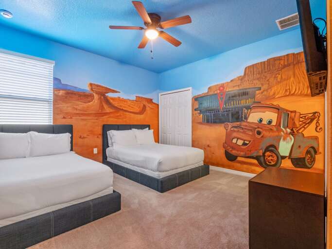 Cars themed bedroom with dual Full beds