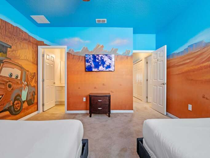 Cars themed bedroom with dual Full beds