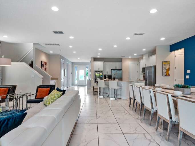 Living, dining, and kitchen area