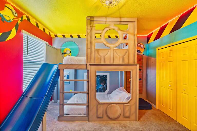 Minions bedroom w/ slides, ladders, and climbing wall