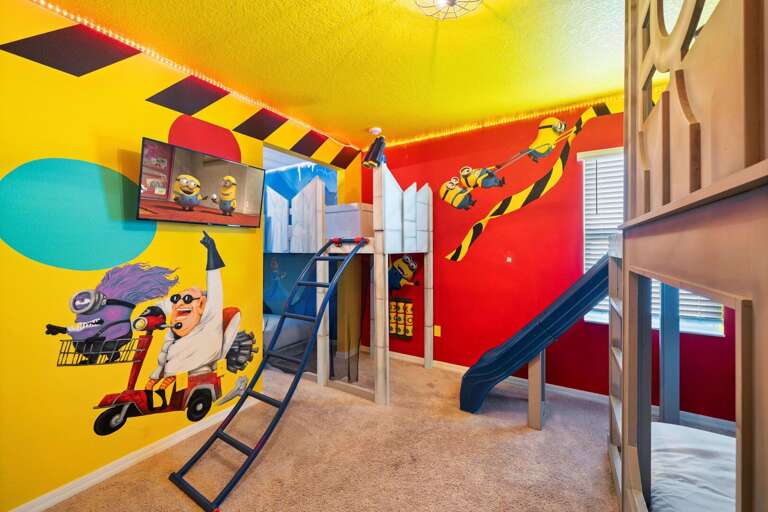 Minions bedroom w/ slides, ladders, and climbing wall