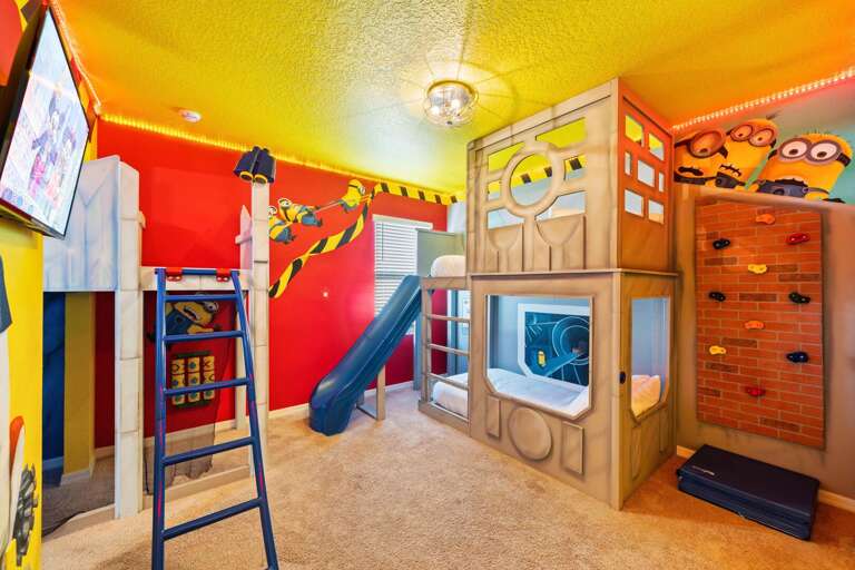 Minions bedroom w/ slides, ladders, and climbing wall