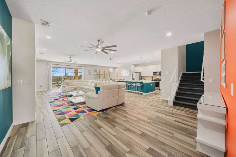 Living, dining, and kitchen area