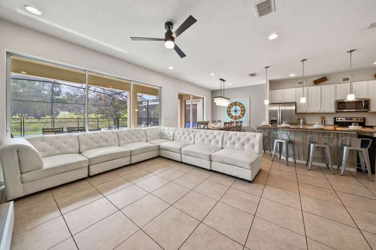 Living, dining, and kitchen area