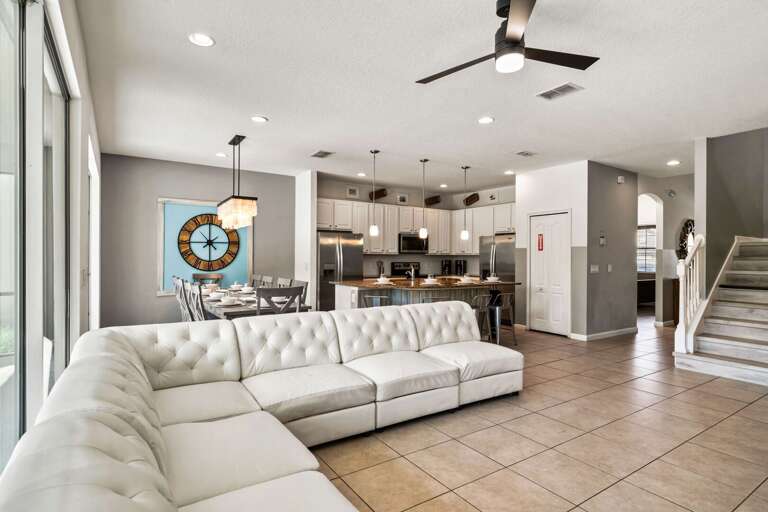 Living, dining, and kitchen area