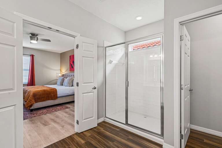 Bathroom with enclosed shower