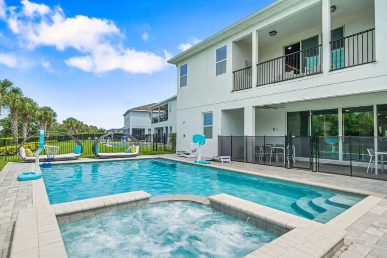 Pool and spa with pool basketball and fenced patio Pool and spa with pool basketball and fenced patio